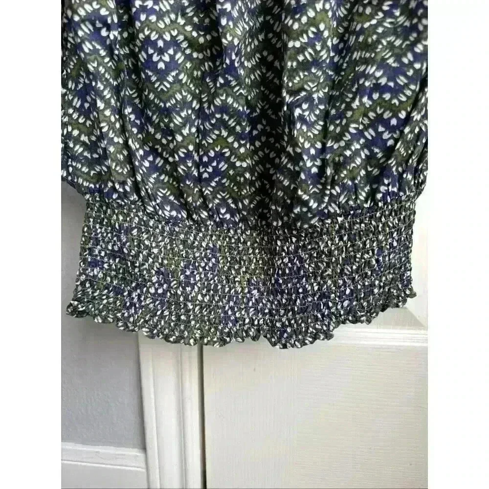 MICHAEL KORS Abstract Green Blue Print Ruffle Top Size S Elastic Waist - Picture 2 of 8